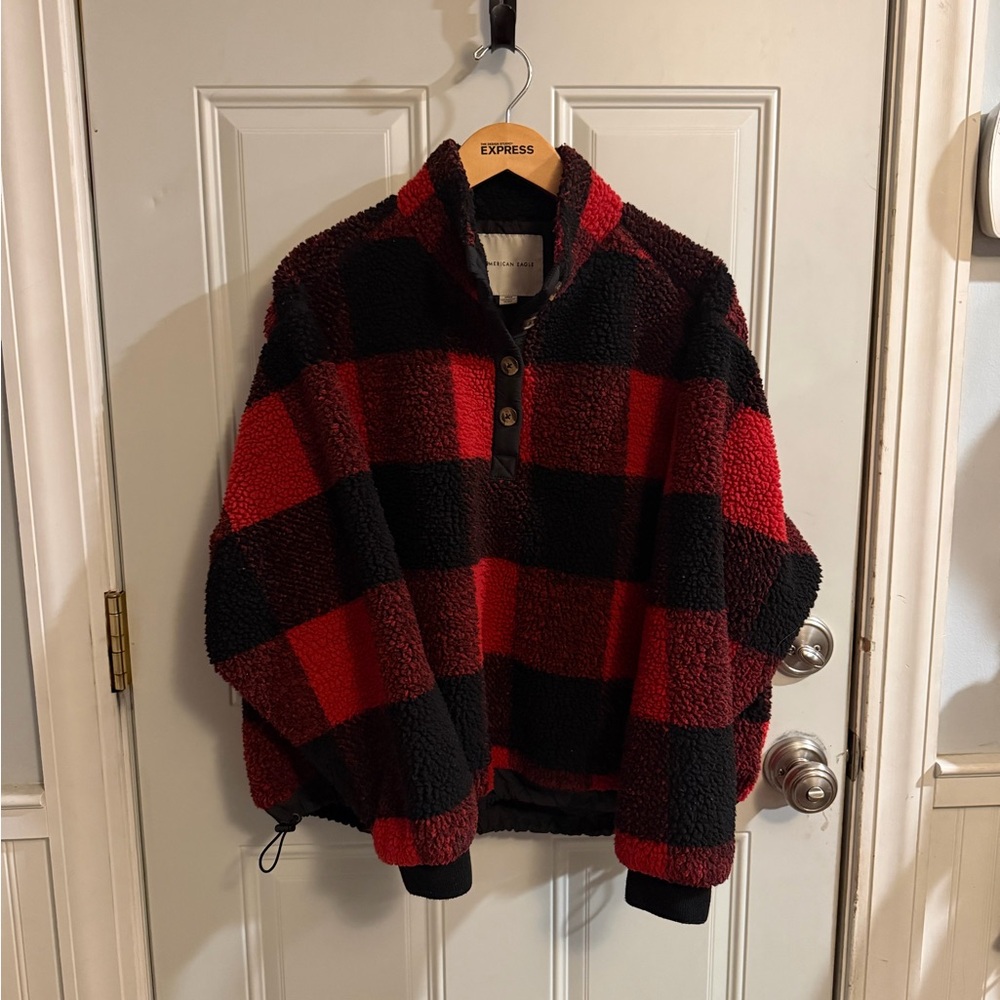 American Eagle Outfitters Red and Black Plaid Sherpa Jacket